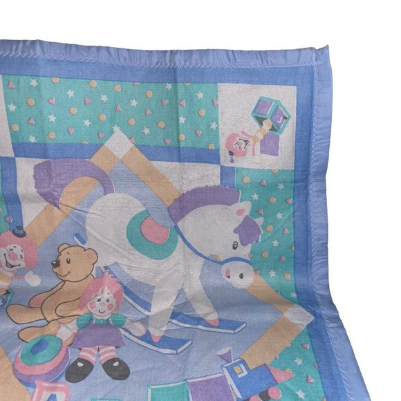 Vintage 1980's Satin Trim Blanket Rocking Horse Bear Doll Train Blocks Excellent - Picture 3 of 10